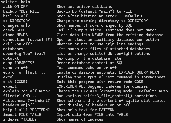 Screenshot of SQLite commands for creating and verifying database