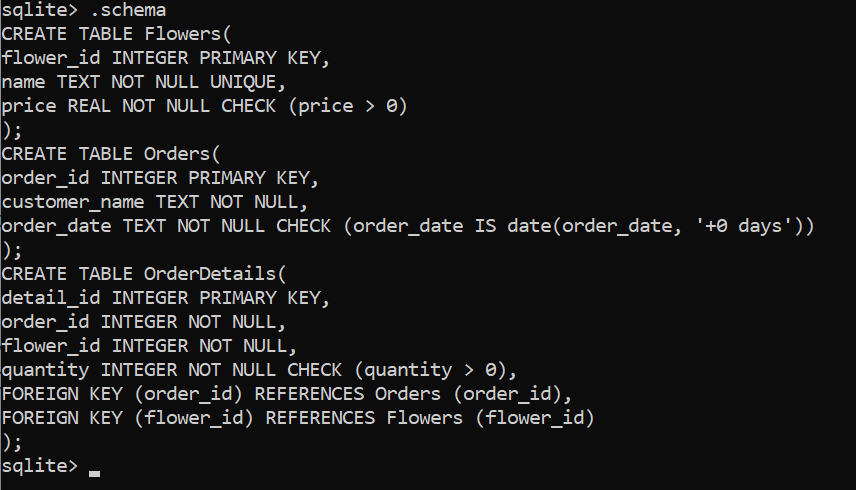 Screenshot of SQLite commands for creating and verifying database
