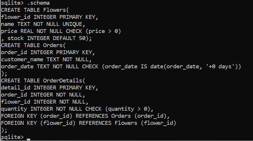 Screenshot of SQLite commands for creating and verifying database